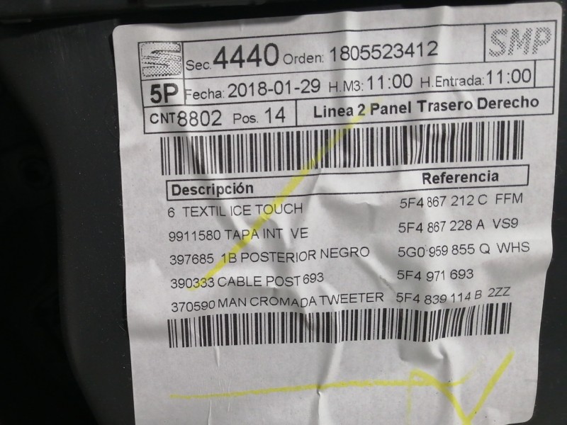 Recambio de guarnecido puerta trasera derecha para seat leon (5f1) 1.2 tsi referencia OEM IAM  5F4867212C FFM 