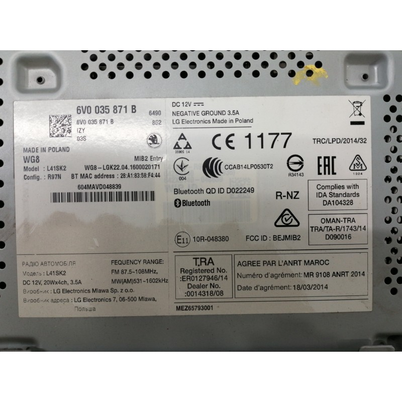 Recambio de sistema audio / radio cd para skoda fabia like referencia OEM IAM 6V0035871B L41SK2 