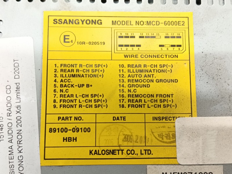 Recambio de sistema audio / radio cd para ssangyong kyron 200 xdi limited referencia OEM IAM 8910009100  MCD6000E2