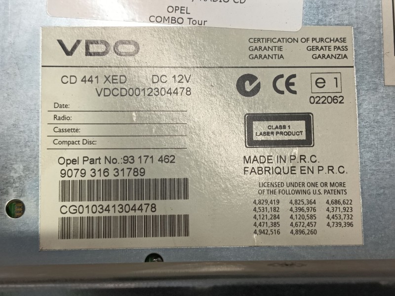 Recambio de sistema audio / radio cd para opel combo tour 1.7 di 16v referencia OEM IAM  93171462 
