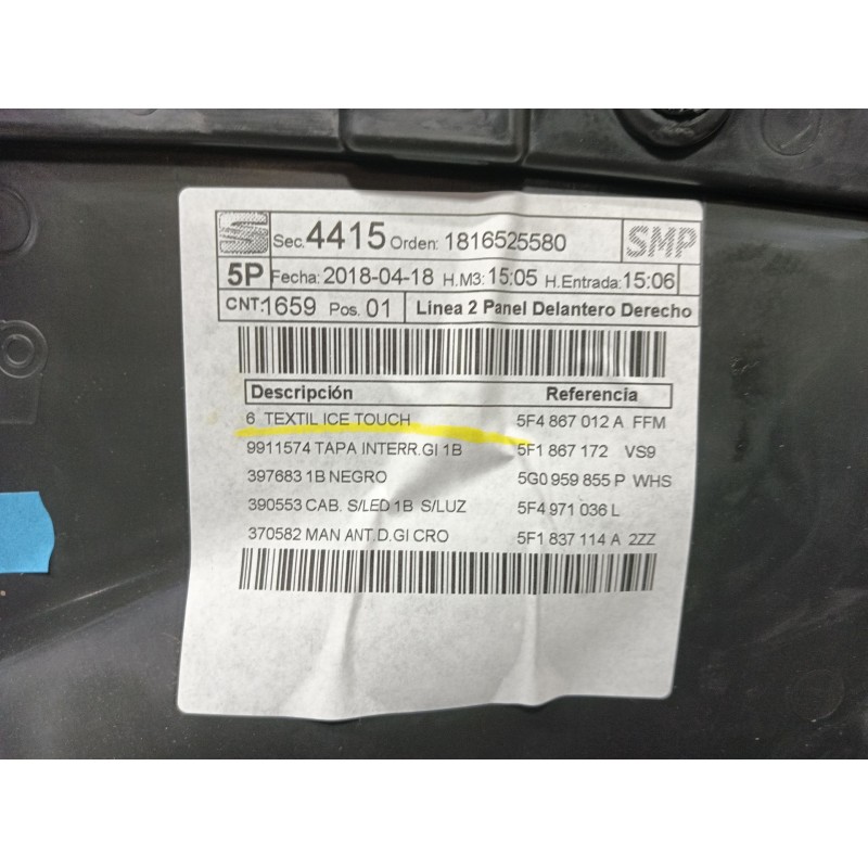 Recambio de guarnecido puerta delantera derecha para seat leon (5f1) 1.2 tsi referencia OEM IAM   