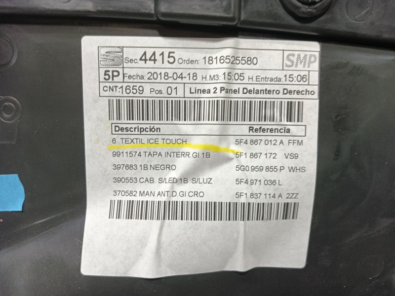 Recambio de guarnecido puerta delantera derecha para seat leon (5f1) 1.2 tsi referencia OEM IAM   