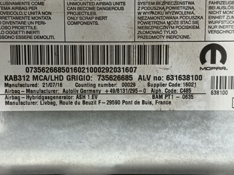 Recambio de airbag delantero izquierdo para fiat 500 (312_) 1.2 (312axa1a) referencia OEM IAM   