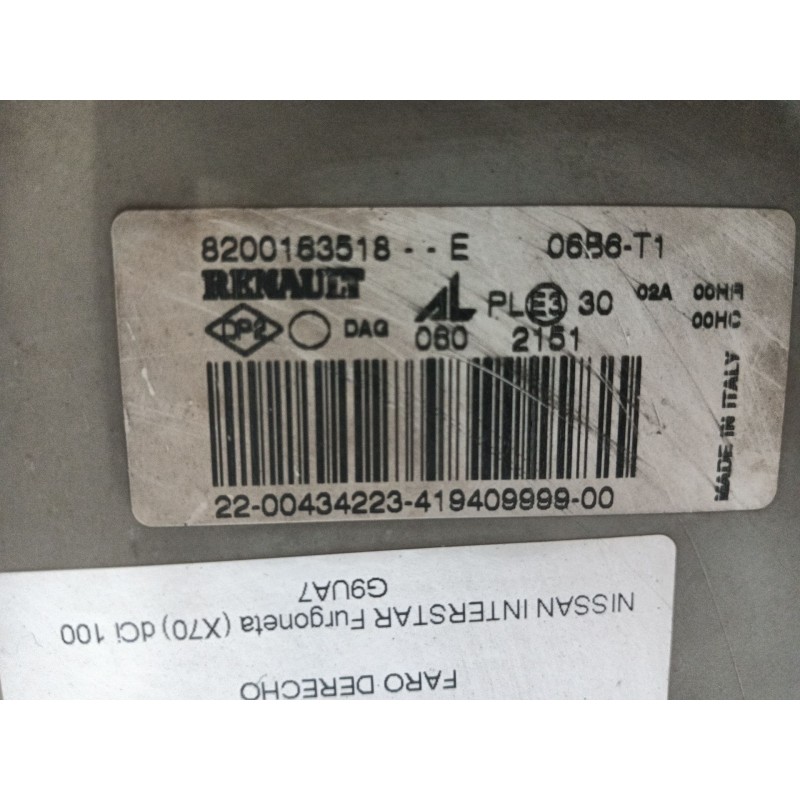 Recambio de faro derecho para nissan interstar furgoneta (x70) dci 100 referencia OEM IAM   