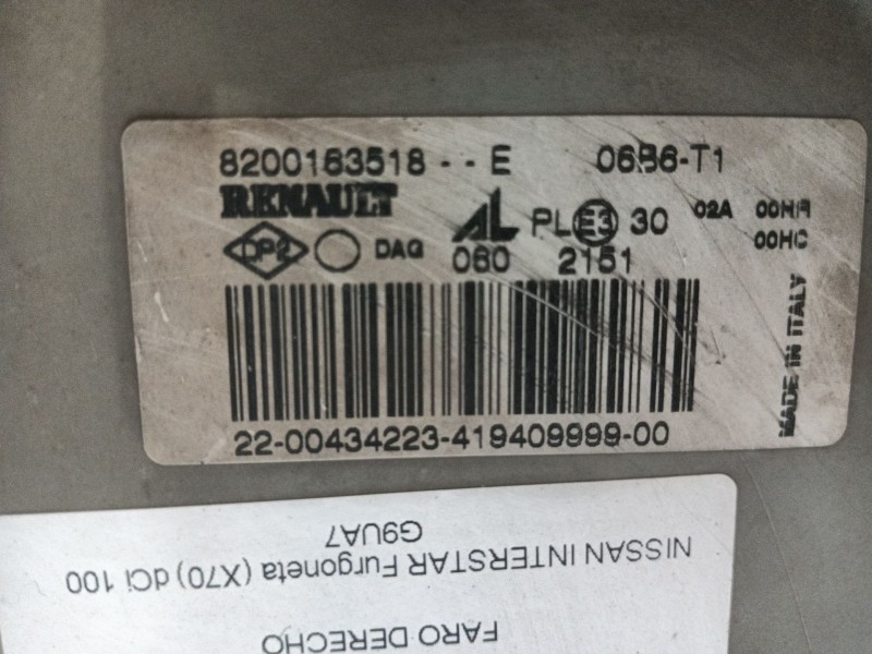 Recambio de faro derecho para nissan interstar furgoneta (x70) dci 100 referencia OEM IAM   
