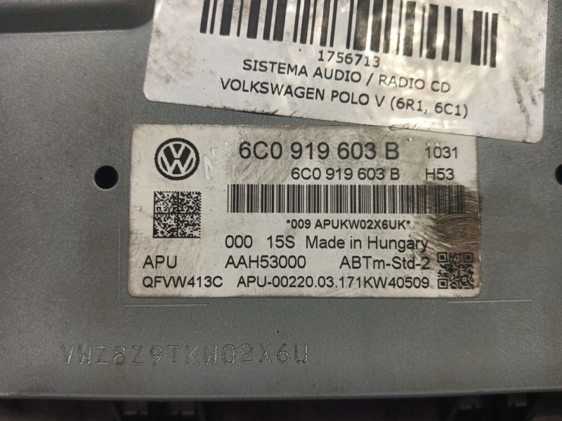 Recambio de sistema audio / radio cd para volkswagen polo v (6r1, 6c1) 1.2 tsi 16v referencia OEM IAM 6C0919603B  
