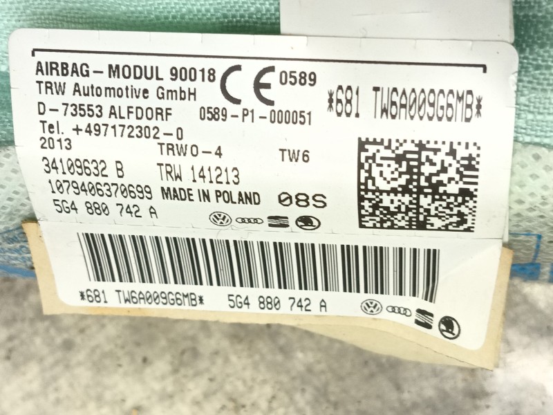 Recambio de airbag cortina delantero derecho para volkswagen golf vii (5g1, bq1, be1, be2) 1.6 tdi 4motion referencia OEM IAM   