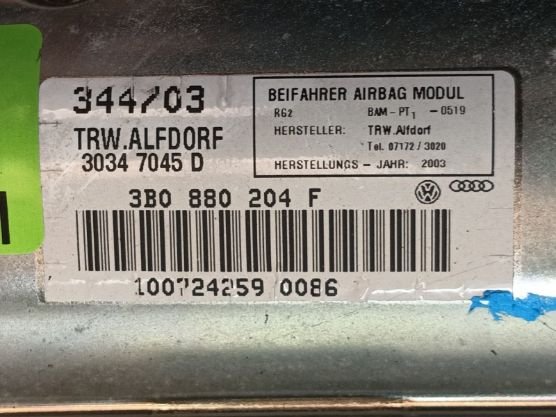 Recambio de airbag delantero derecho para volkswagen passat b5.5 (3b3) 1.9 tdi referencia OEM IAM 3B0880204H 3B0880204F 